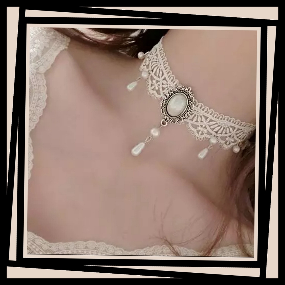 Gothic Victorian Elegant Lace, Pearl White Choker